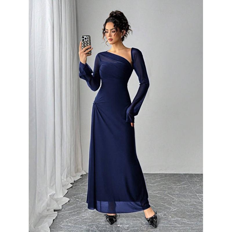 Europe, America 2026 summer new asymmetrical neckline long sleeve elegant fashion temperament dress women