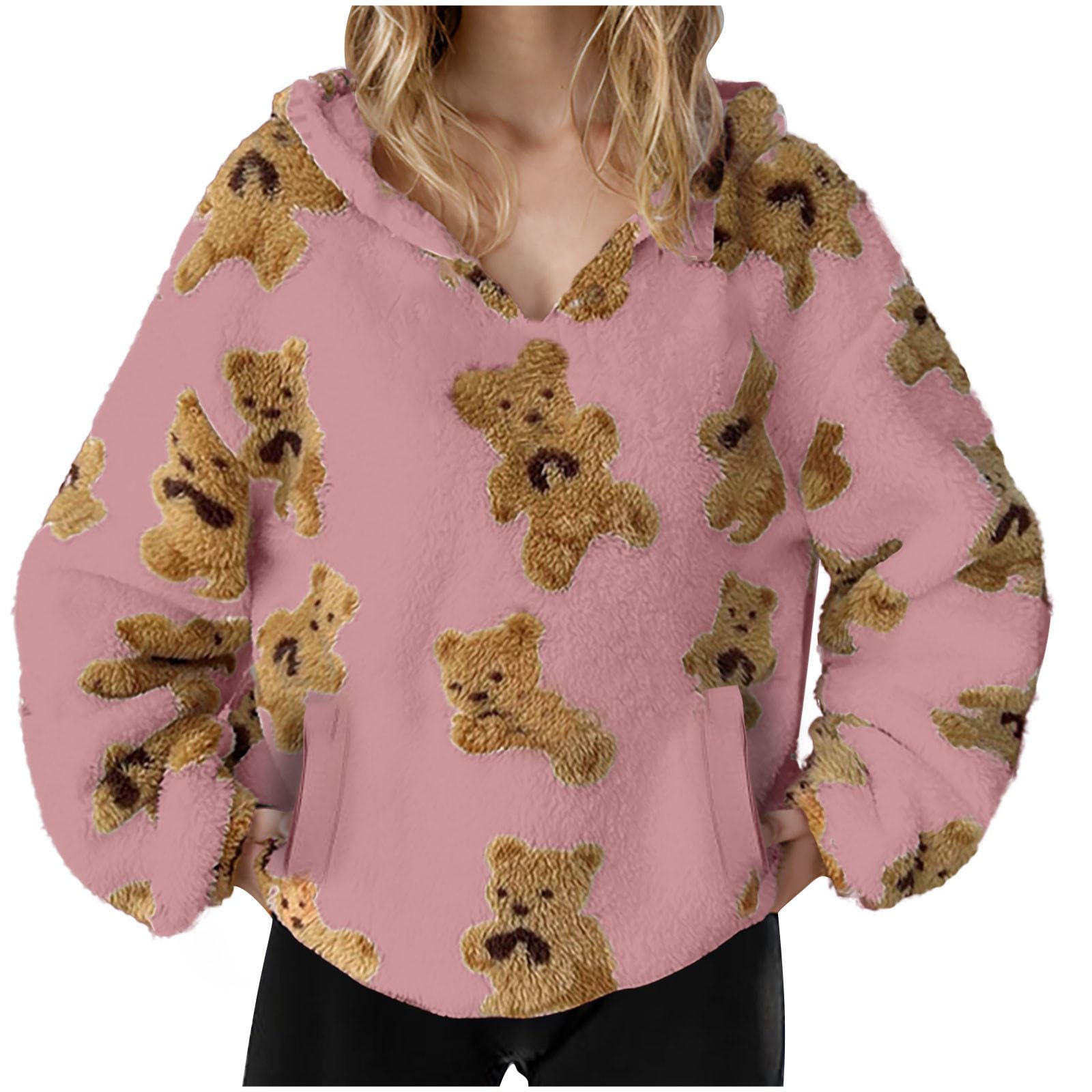 

Women s Coat Printed Double-layer Plush Pullover Fleece Hoodie, Casual Loose Pocket Long-sleeve Sweatshirt XXL рожевий