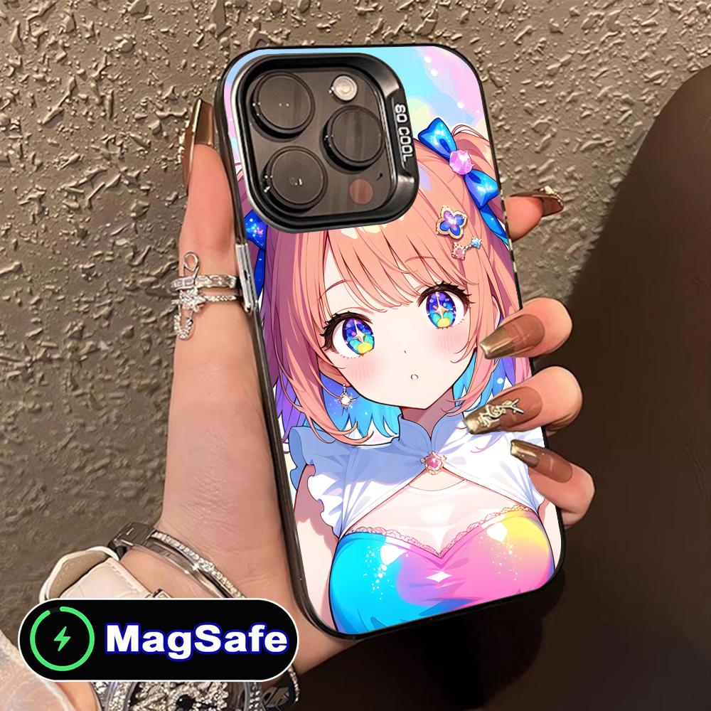 Kawaii Pink Anime Girl Phone Case for iPhone 16 15 14 13 12 11 Pro Max Plus MagSafe Translucent Colour Protective Cover Luxury