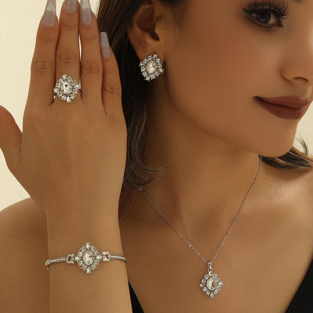 European and American minimalist fashion geometric zirconia-studded ring, earrings, bracelet, pendant, necklace, collarbone chain jewelry set