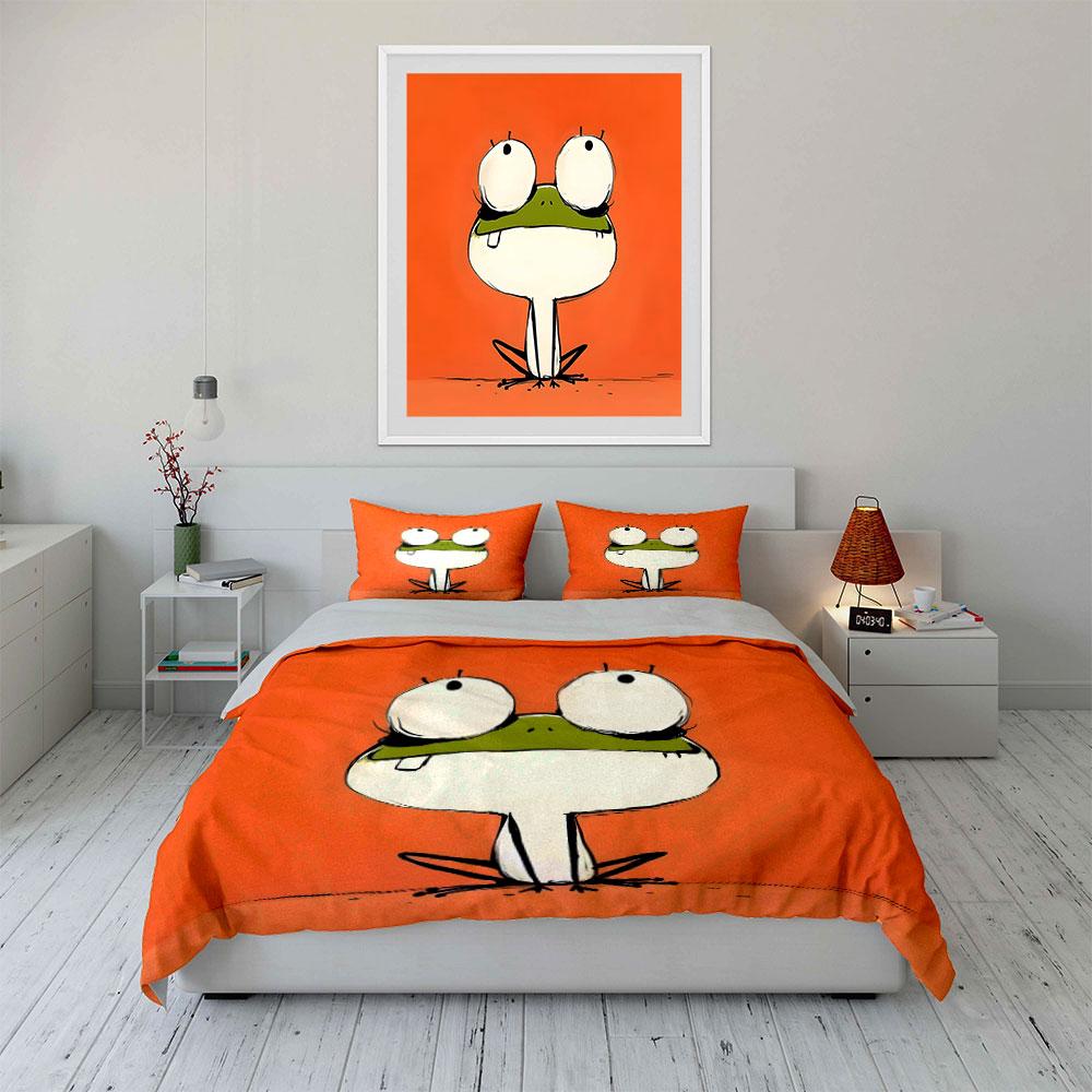 Cartoon Frog Art Set Decoration Bedding Set with 1 Duvet Cover 2 Pillowcases Single Double King Queen, Gift