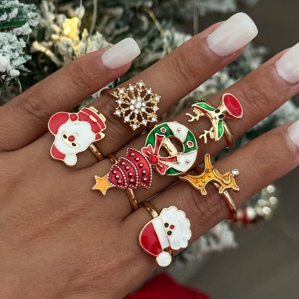 SHIXIN 7Pcs/Set Rhinestones Snowflake Christmas Tree Santa Claus Rings Women Cute Adjustable Knuckle Rings New Year Jewelry 2026