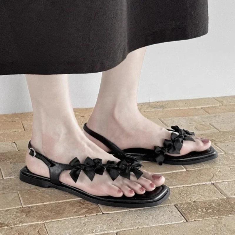 Fashion New Sweet Fashion Women Clip-toe Sandals Summer Non-slip Ladies Flat Shoes Black White Women's Causal Bowknot Slippers Elegant