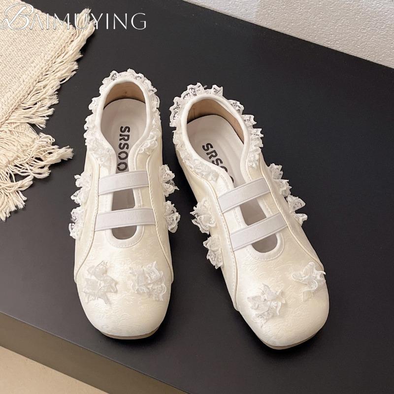 Lace Women Ballet Flat Sandals Square Toe Marie Janes Shoes Woman Loafers 2025 Trend Summer Dress Soft Leather Elegant Zapatos