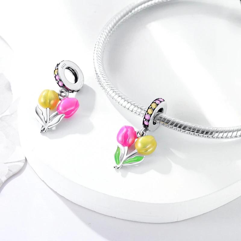 Authentische Charm-Perlen Charms Kupferbeschichtet Rosagelb Tulpenblatt Anhänger Kompatibel Mit Armbändern Ideal Für Frauen Damen Schmuckherstellung DIY