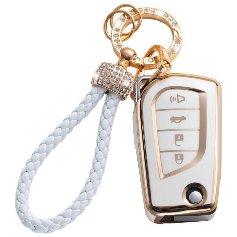 Gold-Rimmed Car Key Set with Diamond Ring Pendant Key Chain