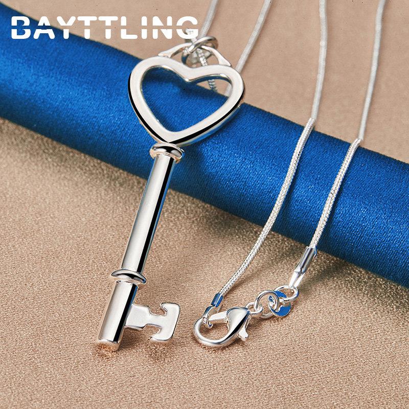 925 Sterling Silver 16-30 Inches Fine Heart Key Pendant Necklace For Women Men Fashion Wedding Engagement Jewelry Accessories