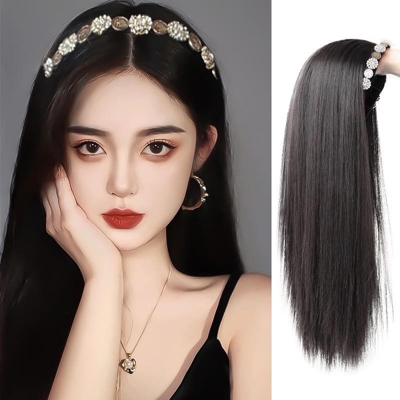 Women's Retro Rhinestone Headband Wig with Long Straight Hair, U-Shaped Half Head Cover