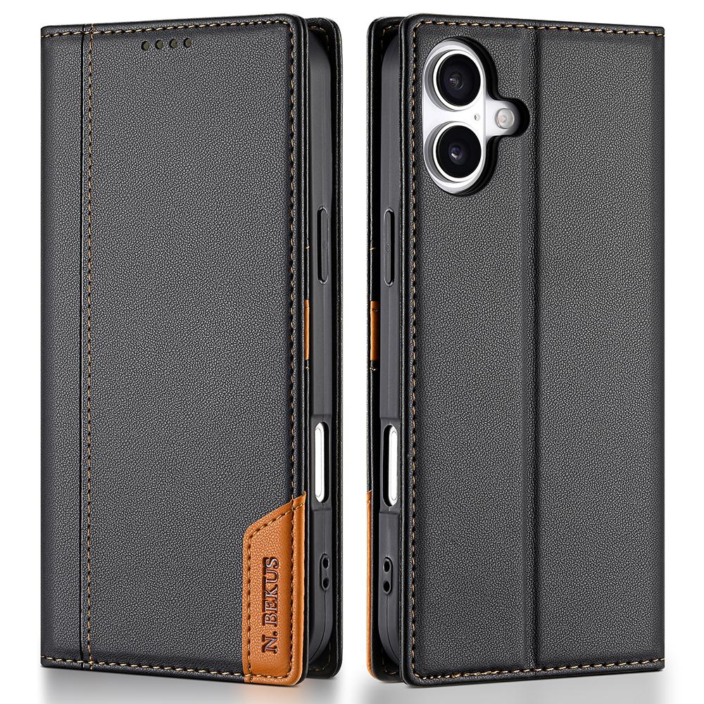 

N.BEKUS P3 For iPhone 16 Case RFID Blocking Wallet Stand PU Leather Flip Phone Cover Black