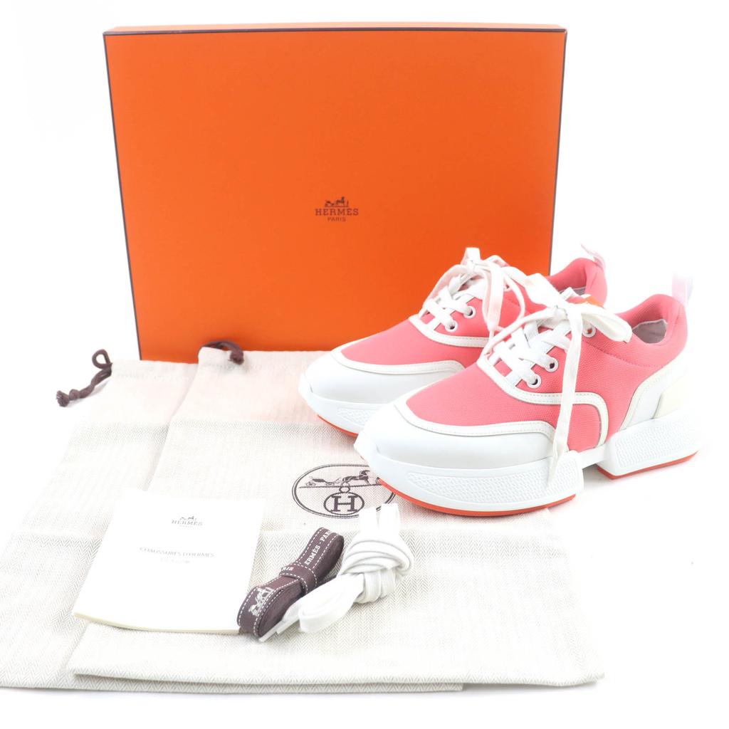 Ausgezeichnete HERMES Niedrige Sneaker Giga Schnürung Weiß Rosa Leder Damen 36 Gebraucht