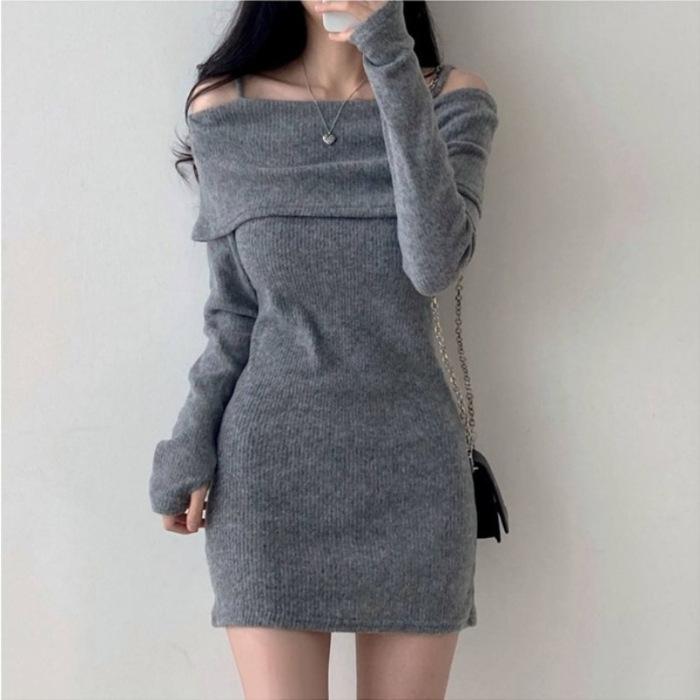 

Korean chic autumn small man sexy off-the-shoulder suspender lapel slim ribbed knitted dress hip-wrapped short skirt S серый