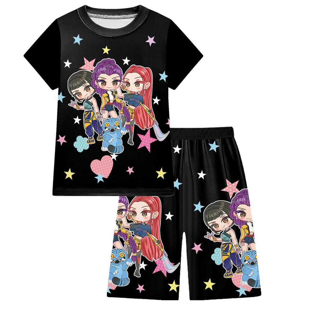 KPOP Mädchen T-Shirt und Hosen Set, Demon Slayer Cartoon, Zweiteiliges Kurzarm- und Shorts-Set für große Kinder