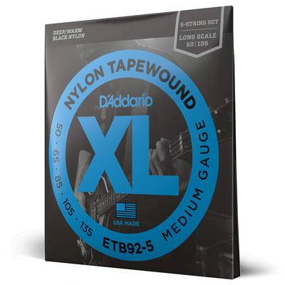 Sort Nylon-viklet Lang Bas D'Addario ETB92-5 Strenge, 5-strenget, .050-.135