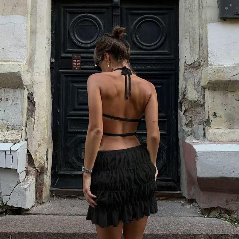 Western Style Sexy Backless Pleat Lace-up Vest Short dress Set Sexy Vest and Skirt Set