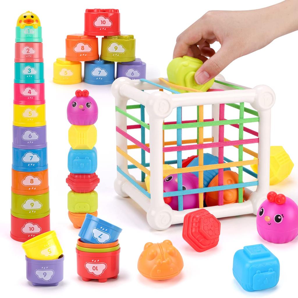 Qizebaby Baby Toddler Fat Brain Fingertip Educational Toy Combi Cup Stacking Montessori Bath Shape Color Sensory Digital Educational Toy for Kids and