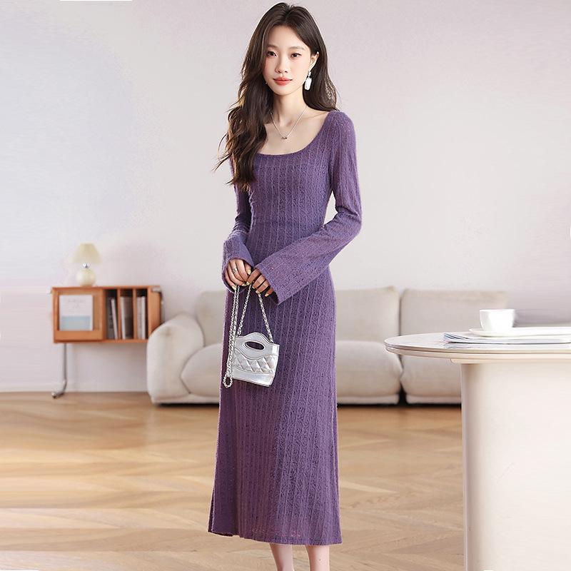 

Women s Purple Lace Knit Dress Set with Long Sleeve Cardigan and Camisole - Autumn/Winter S