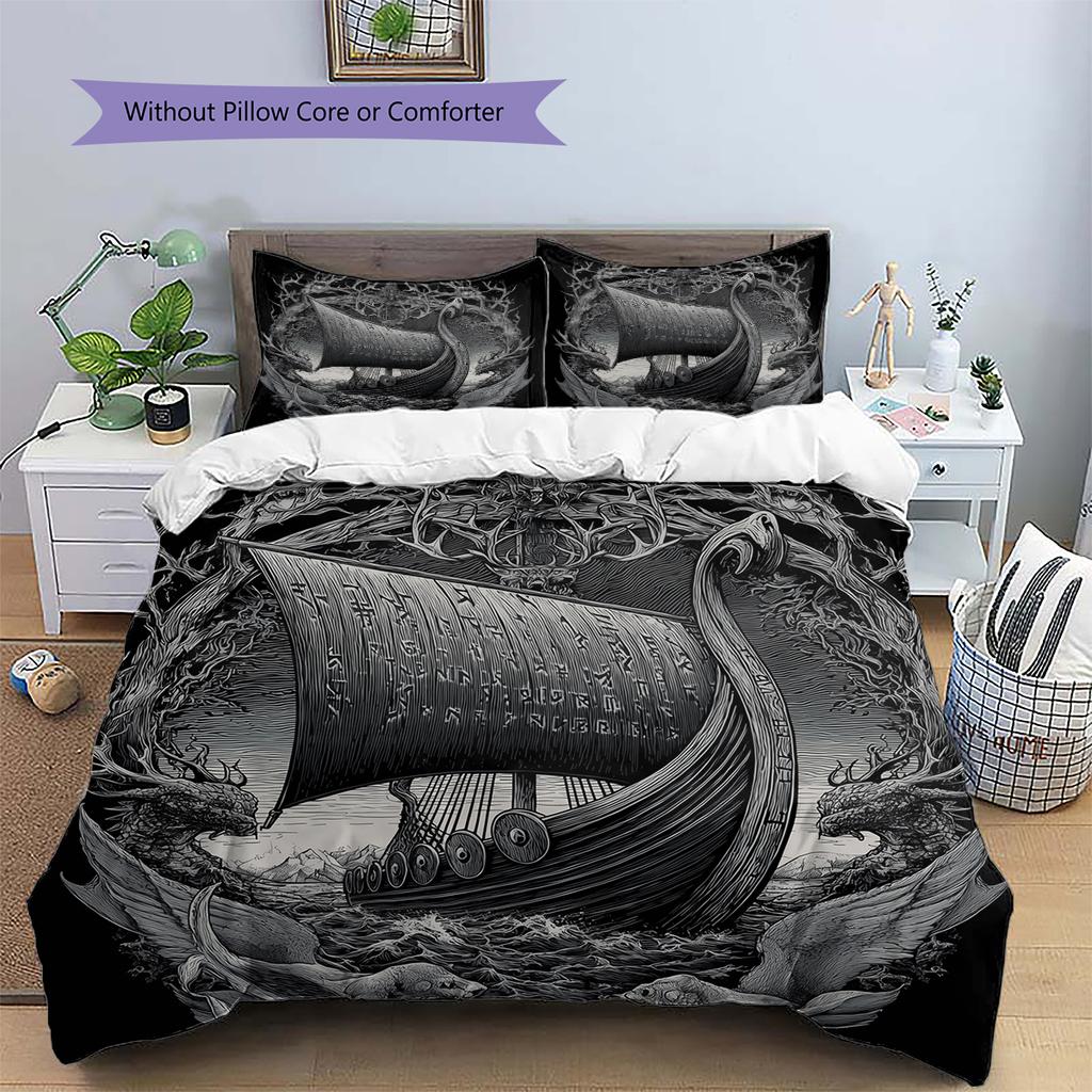 Viking Longship Pattern Bedding Home Decoration Birthday Gift (1 * duvet cover + 2 * pillowcase, without core)