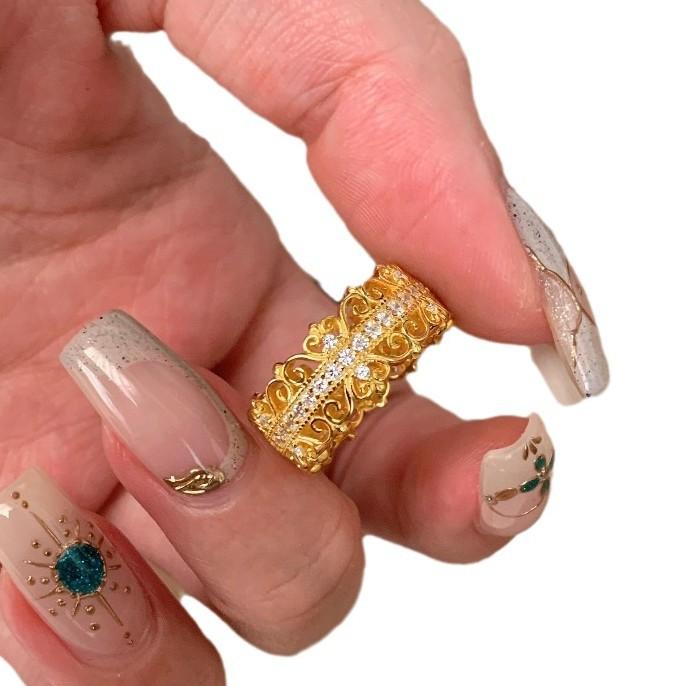 Light Luxury Retro Full Diamond Lace Crown Ring Medieval Court Style Heavy Industry Hollow Versatile Exquisite Luxury Index Finger Ring