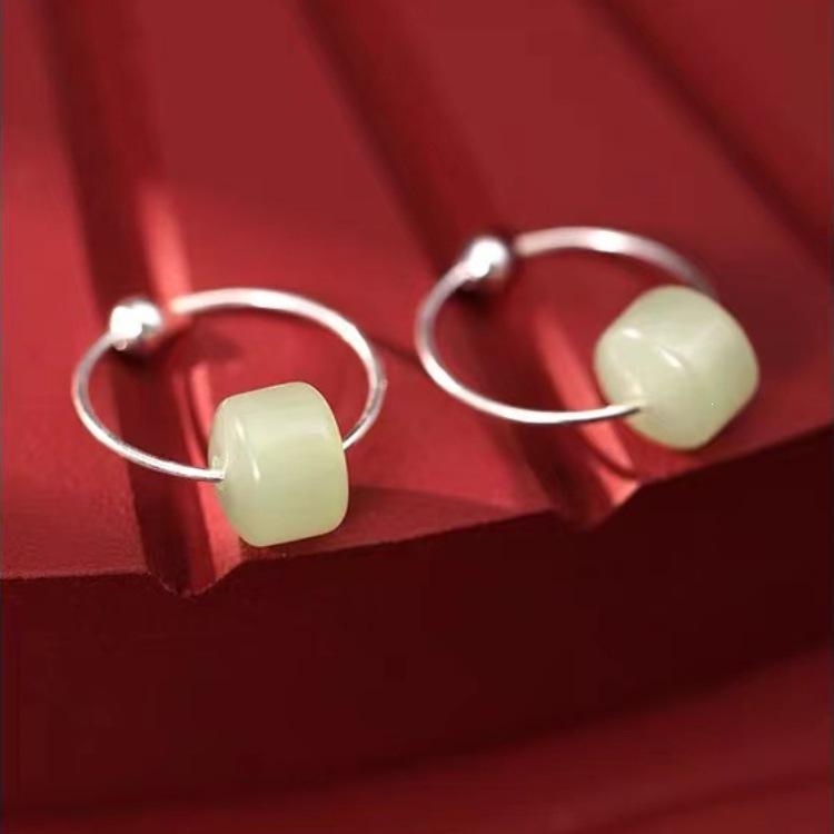 Exquisite Chinese-Style 925 Sterling Silver Hetian Jade Hoop Earrings for Women