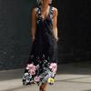 Women Sleeveless V Neck Button Front Maxi Dress Floral Print Linen Cotton Blend Casual Summer Dress with Pockets