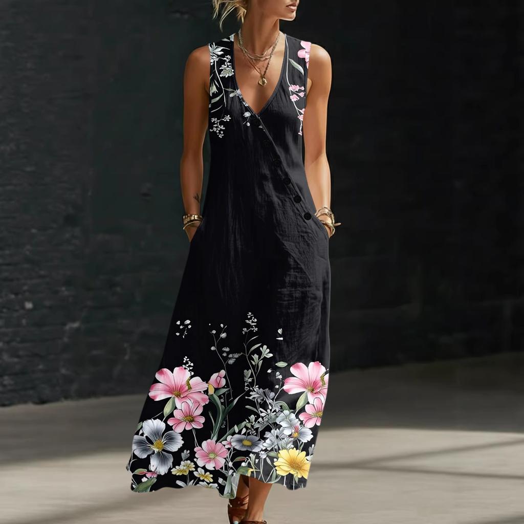 Women Sleeveless V Neck Button Front Maxi Dress Floral Print Linen Cotton Blend Casual Summer Dress with Pockets