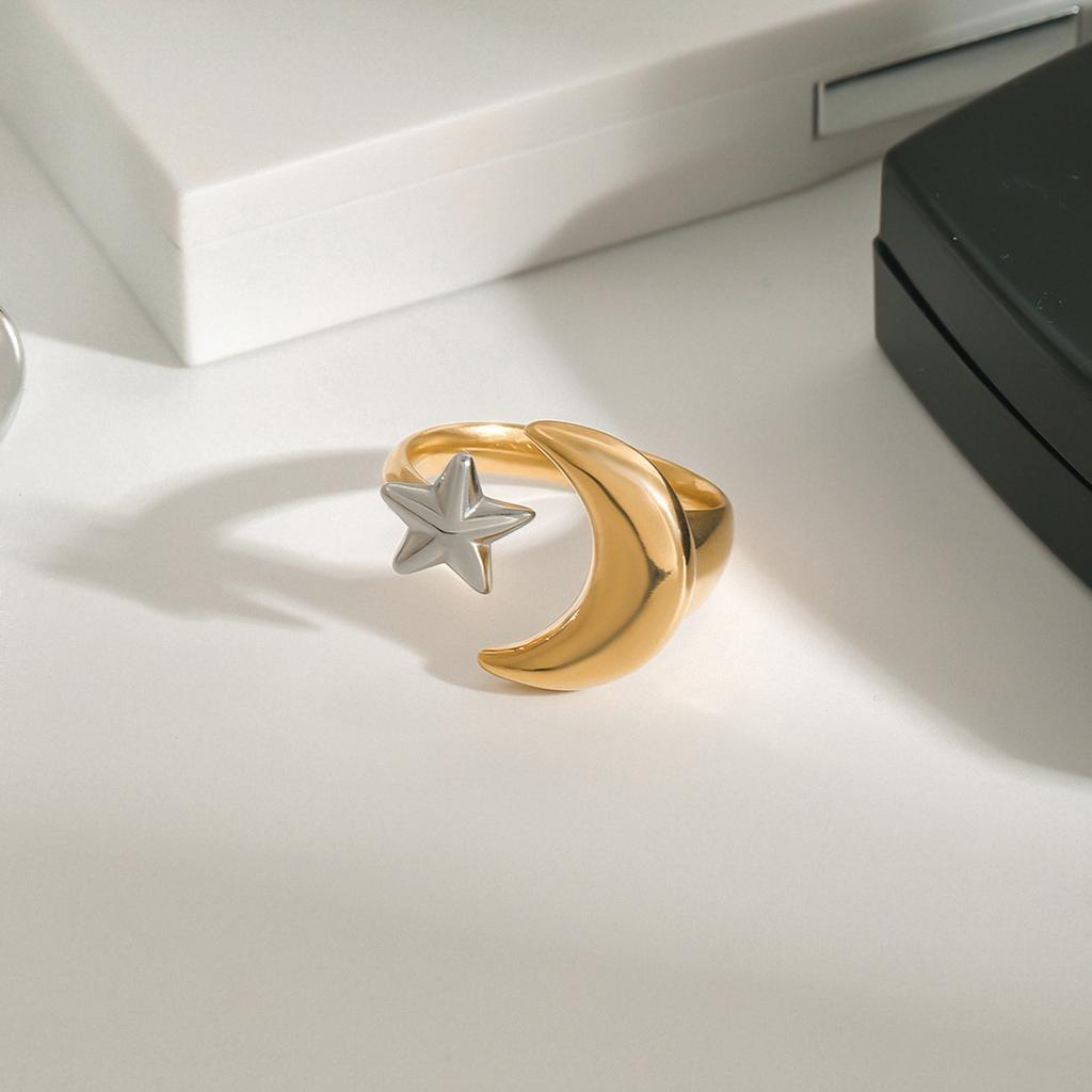 Sturdy Stainless Steel Moon And Star Ring Offering Comfort And Allrergy resistant Feature Suitable For Unique Gift Ideas