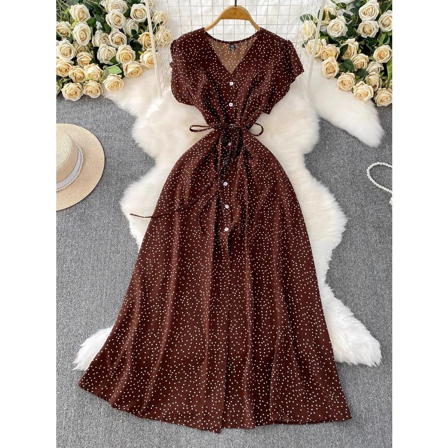 Summer Women Polka Dot Long Dress Vintage V-Neck Flying Sleeve High Waist Single Breasted A-Line Casual Vestidos Female Robe New