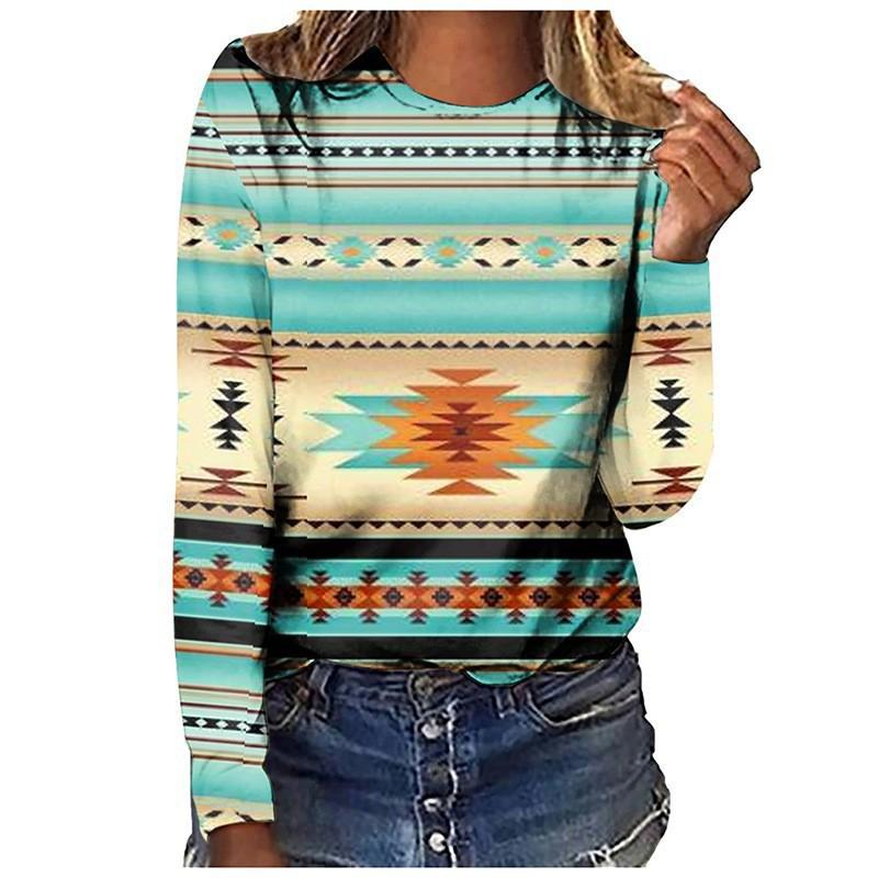 Spring and Autumn Round Neck 3D Retro Ethnic Style Printed Top Fashionable Casual Long Sleeved Women's T-shirts
