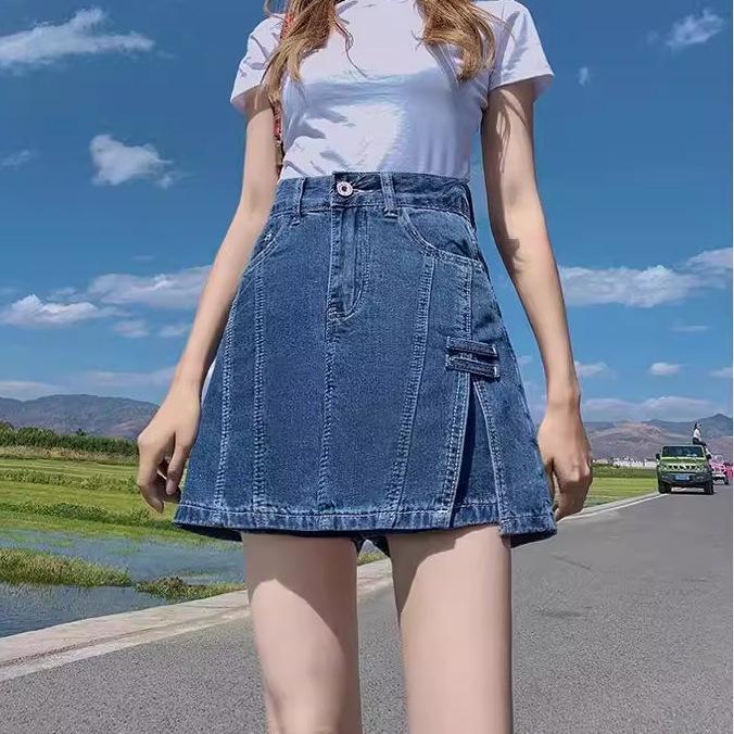 2024 Damen High Waist A-Linien Denim Skort: Schlankmachender Bodycon Minirock mit angenähten Shorts für den Sommer