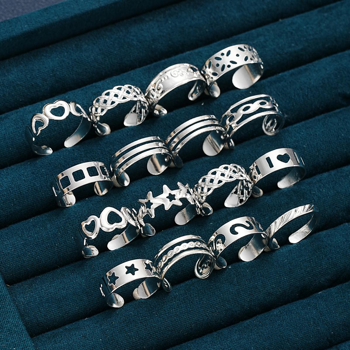 

16Pcs/Set Creative Adjustable Toe Rings for Women Simple Silver Color Hollow Out Heart Star Foot Rings Set Fashion Jewelry Gifts
