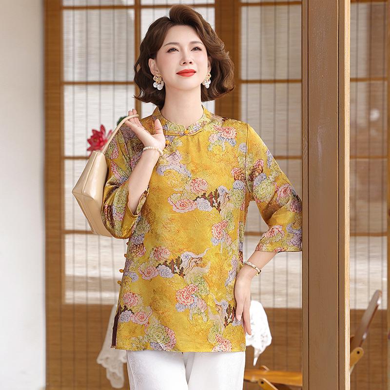 

Elegant Maternity Silk-Blend Frog Button Top - Chinese Style Mid-Sleeve for Women 4XL