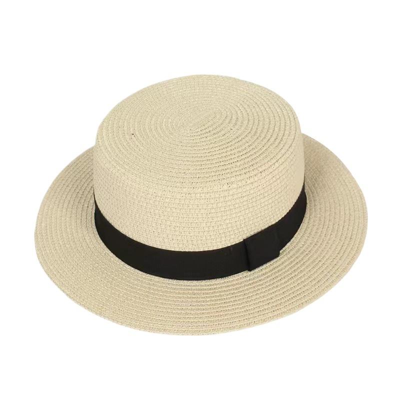 Flat Top Small Edge Straw Hat Men's Summer Vacation Shading Sun Protection Beach Hat Versatile Fashion Small Fresh Trendy Hat Women