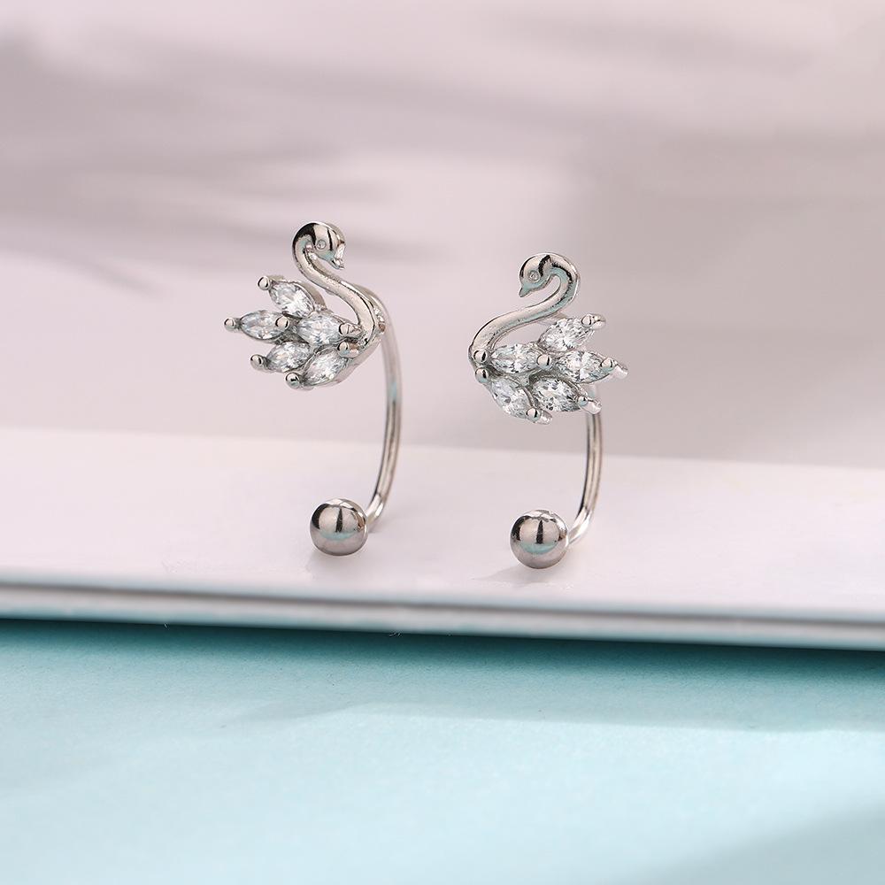 Screw Screw Flash Diamond Swan Stud Earrings Classic Fashion Design Sense French Elegance Cute Animal Rear Hanging Earrings