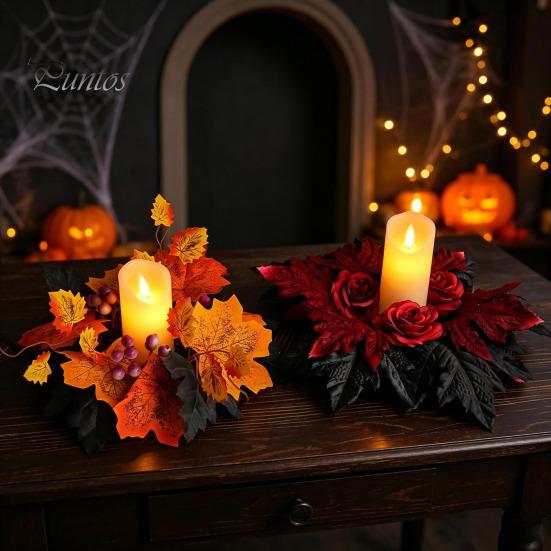 Home Party Supplies Halloween Floral Candle Ring, Artificial Maple Rose Wreath for Festive Atmosphere Decorations Holder, Spooky Table Centerpiece