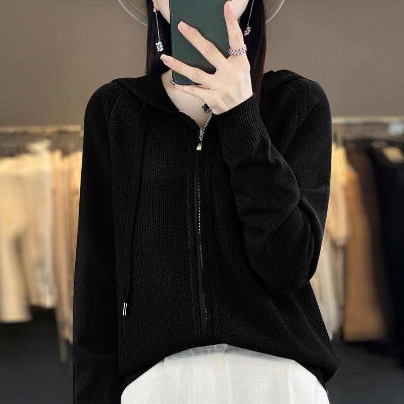 Høst og vinter cardigan strikket løs genser for kvinner Uformell Ensfarget cardigan med dobbel glidelås