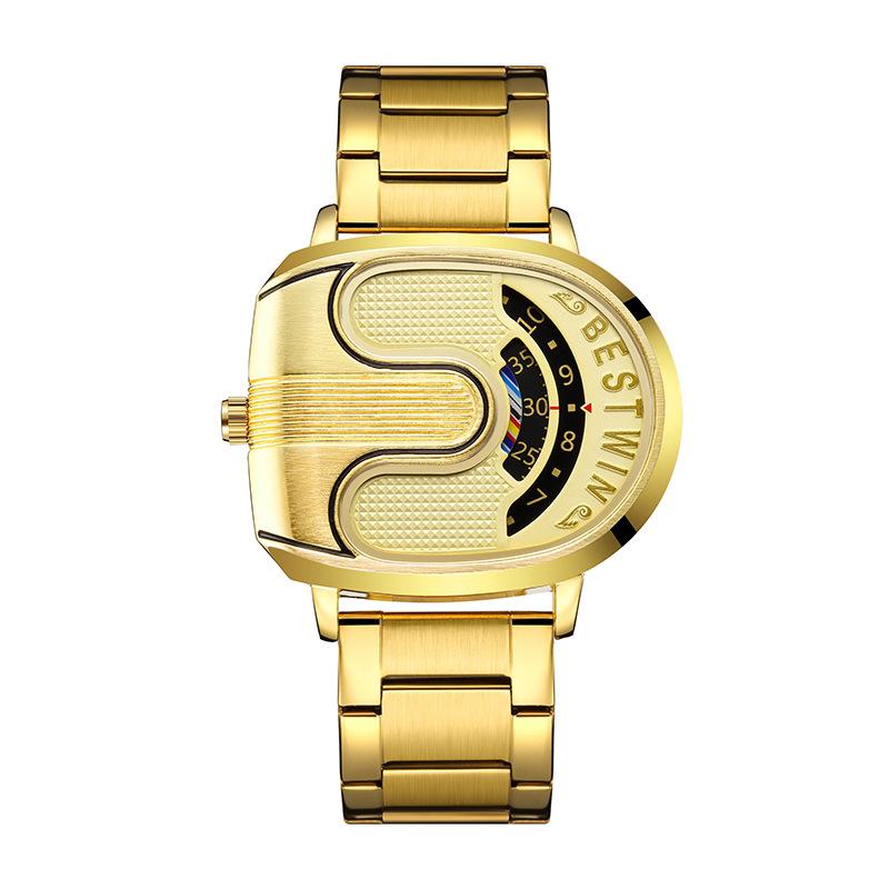Fashion Men Irregular Tonneau Shape Quartz Watch Creative Rotating Dial Stainless Steel Bracelet Wristwatch
