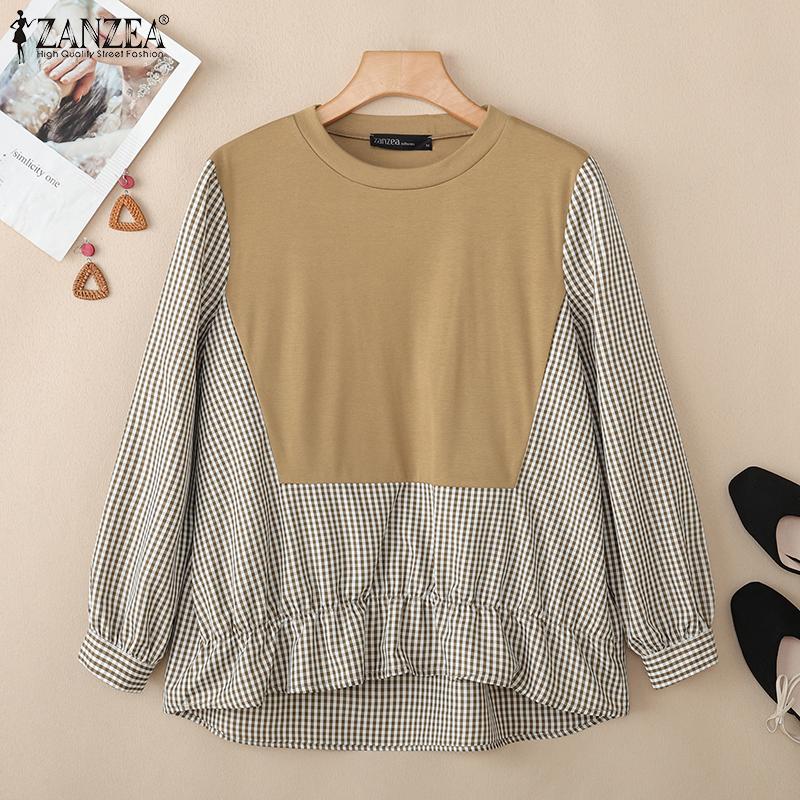 ZANZEA Women Casual Round Neck Plaid Print Long Sleeve Blouse