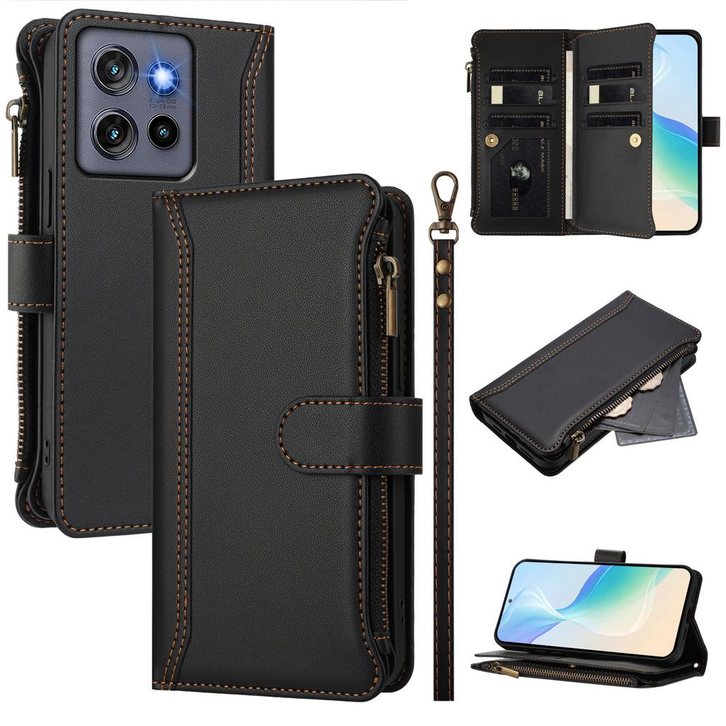 For Motorola Moto G Stylus 5G (2025) Leather Case 9 Card Slots Zipper Wallet Stand Phone Cover with Wrist Strap