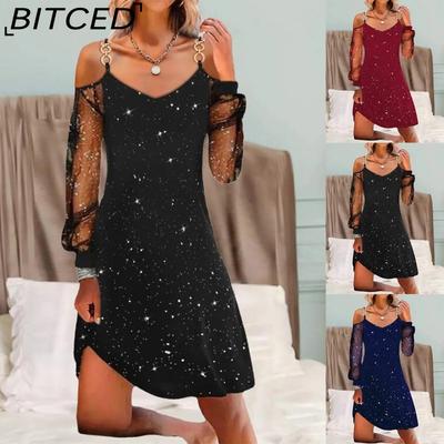 Women's Fashion Spring Autumn Solid Color Print Long Sleeve V-Neck High Waist Casual Dresses