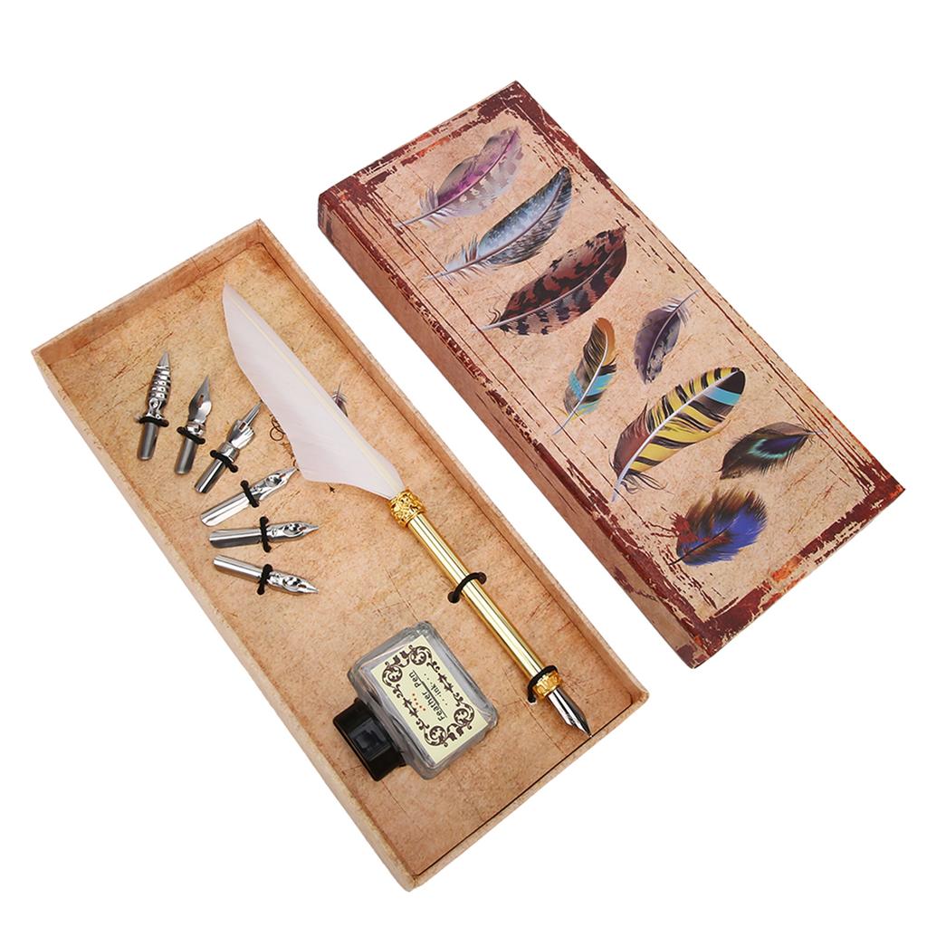 Vintage Simple Style Calligraphic Feather Pen Kit Student Pen Gift Box for Christmas BirthdayWhite
