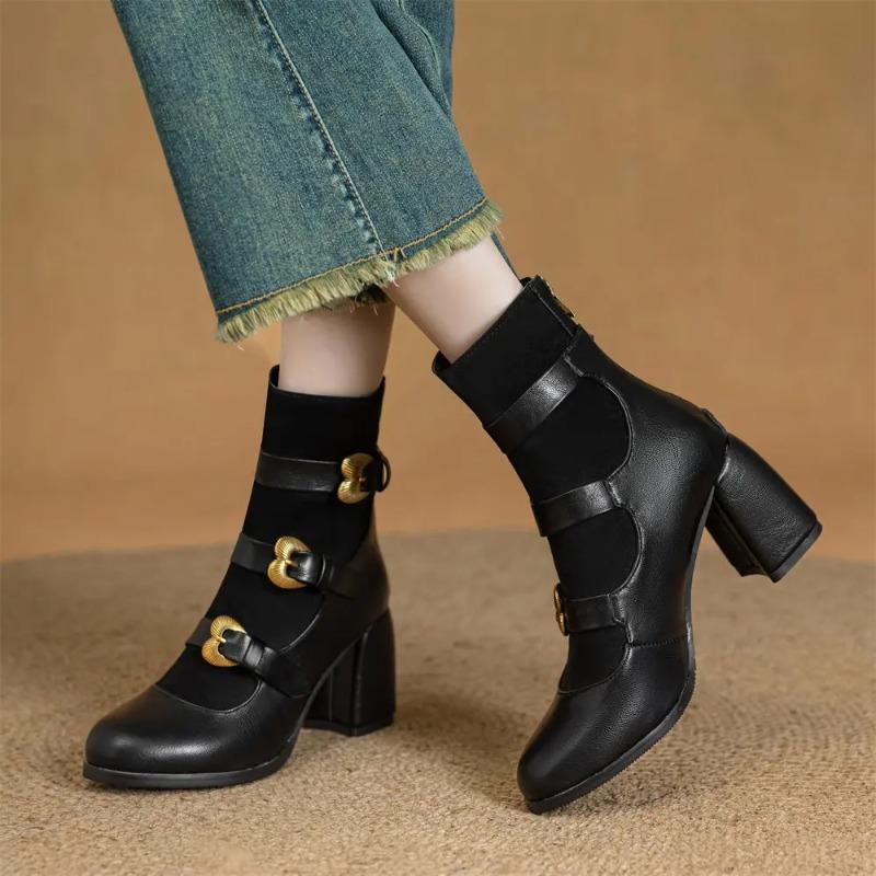Plus Size 33-52 Women's Retro Black Ankle Boots Modern Lady Boots Block High Heels Belt Buckle Straps Office Lady Shoes