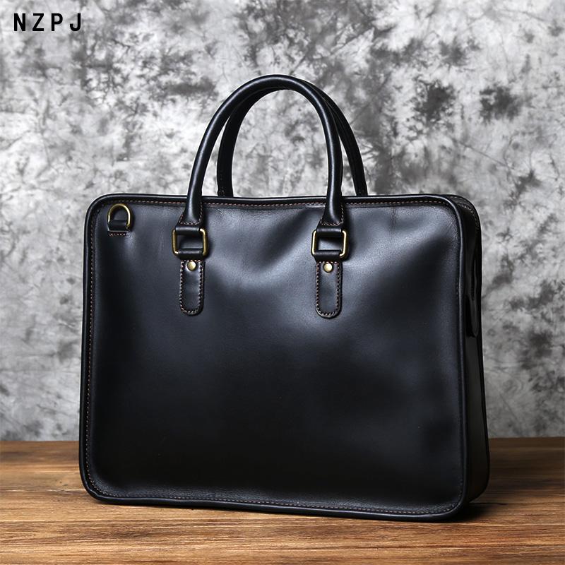 NZPJ Men's Briefcase Leather Handbag Retro Top Layer Cowhide Laptop Bag Crazy Horse Leather Shoulder Messenger Bag Luxury Bag