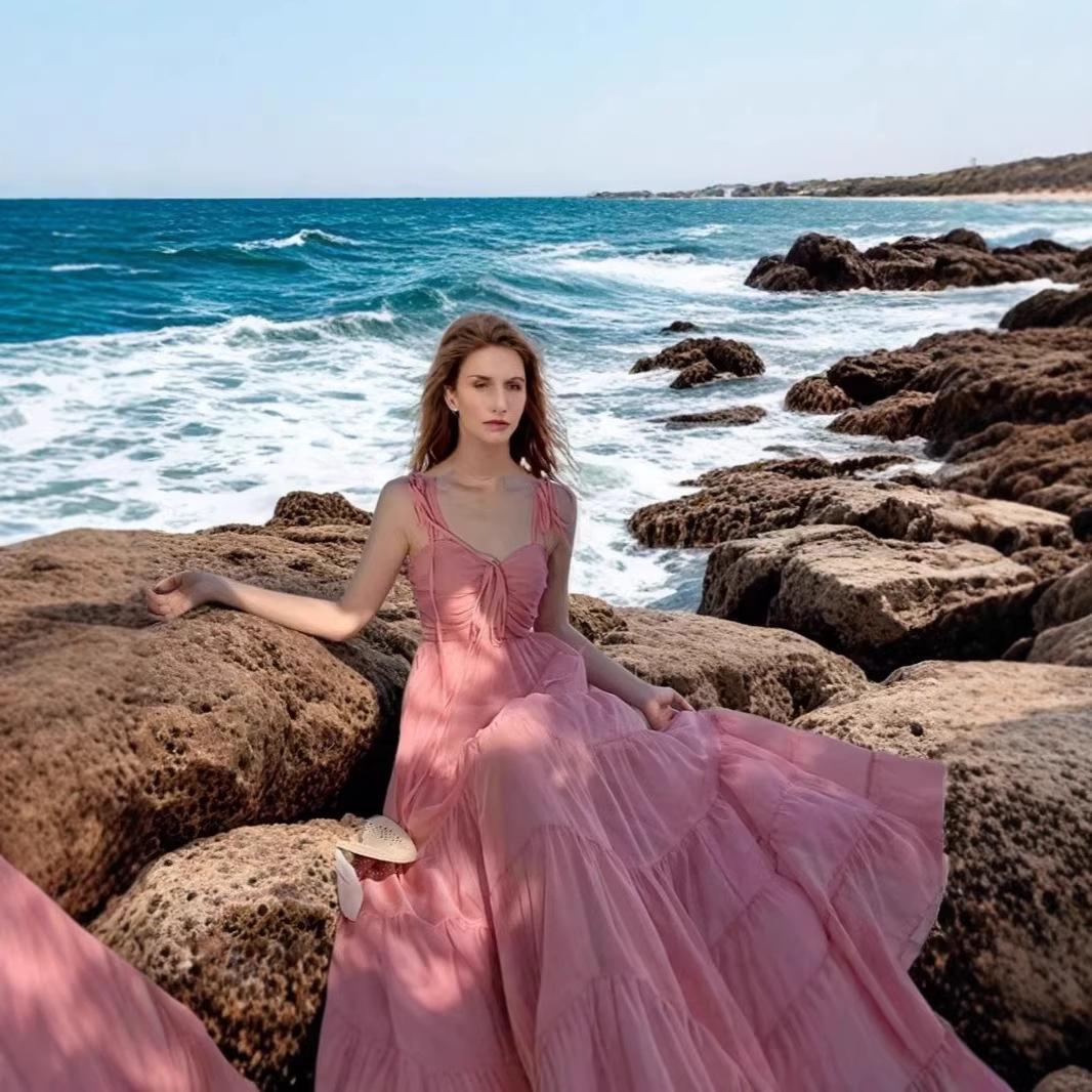 2026 seaside vacation dress wear Sanya travel fairy dress island photo atmosphere suspender dress S розовый