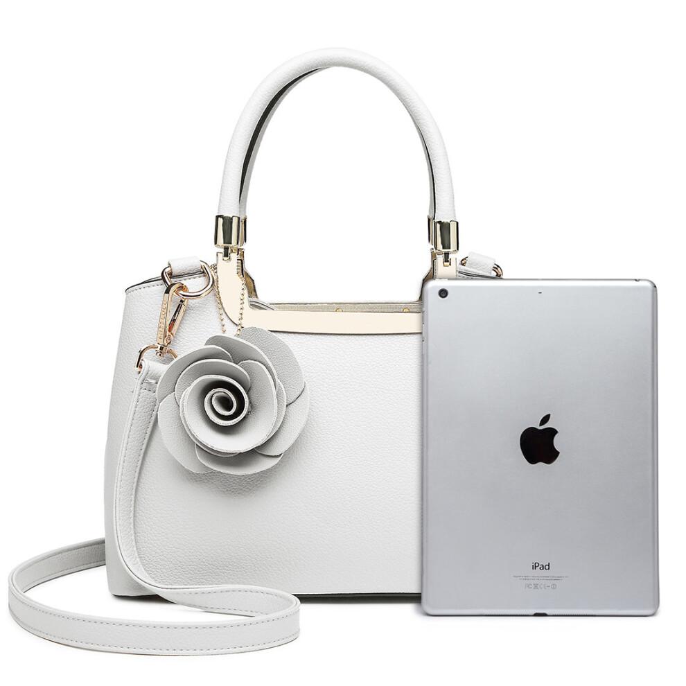 (White) Women Rose Ornament Handbag Shoulder Bag Tote