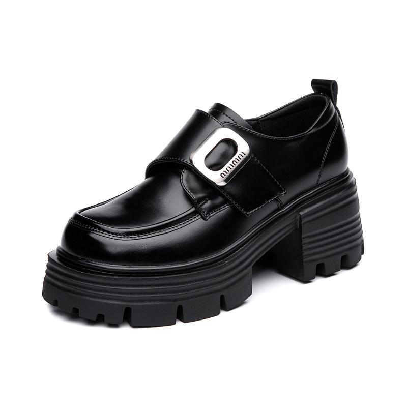 Leather platform loafers women's 2025 new Velcro versatile British style heightening small leather shoes spring and autumn single shoes
