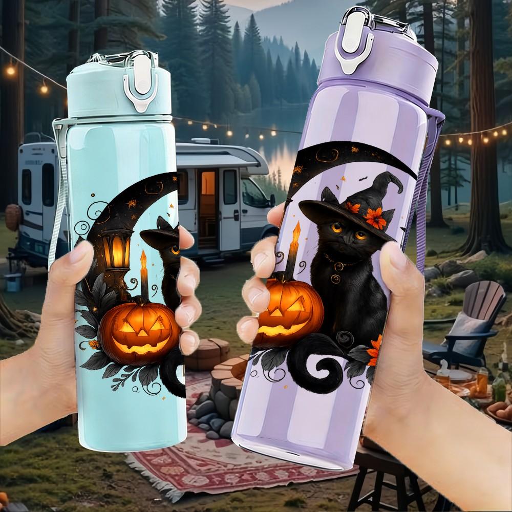 1PC Moon Black Cat Pumpkin Halloween 750ml Color Plastic Sports Water Bottle Leakproof Flip Straw Lid Suitable for Sports Office Home Use