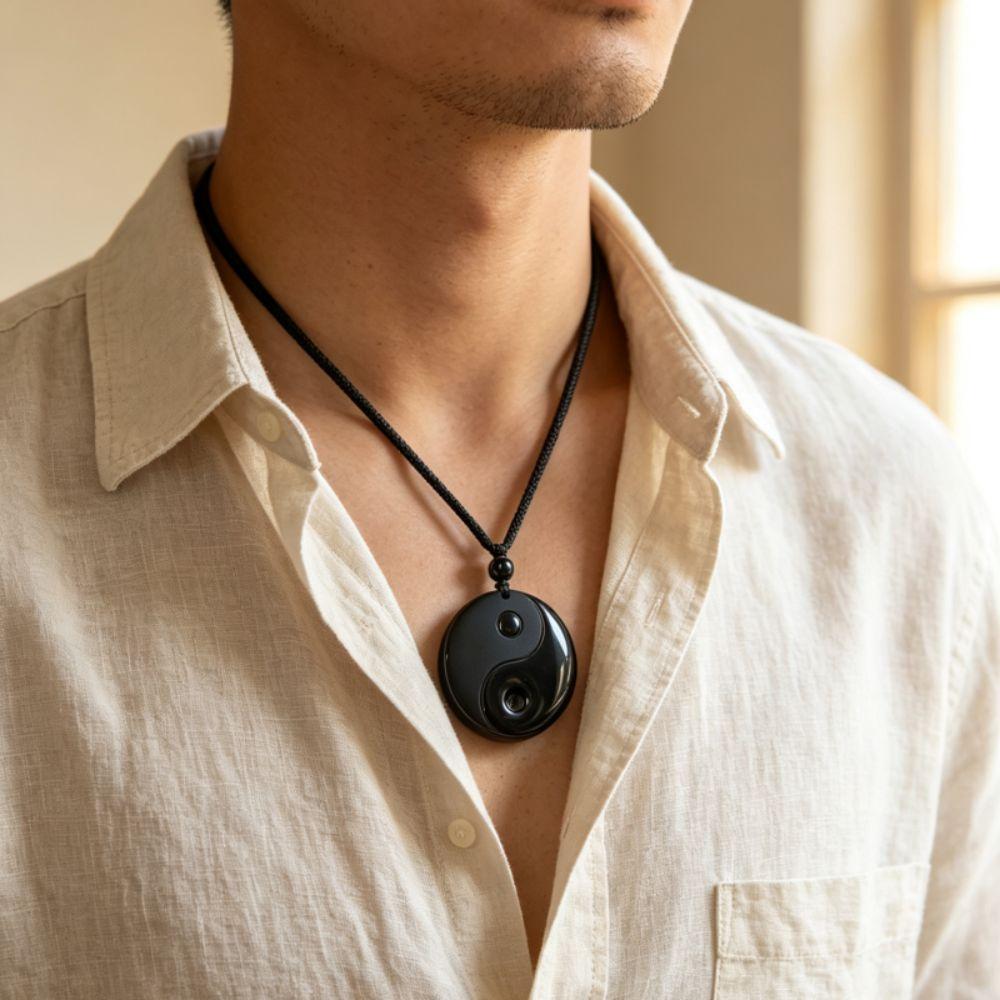 Černý přívěsek Tai Chi Denní nošení Obsidiánový náhrdelník Módní náhrdelník Yin Yang Sváteční dárek