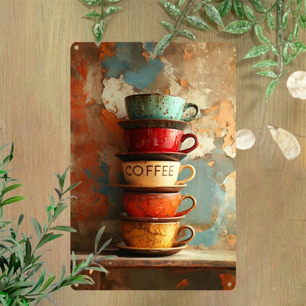 Vintage Carved Metal Coffee Cup Plaque Wall Art Decor Gift for Cafe Home