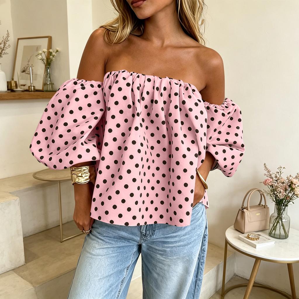 Women Off Shoulder Polka Dot Blouse Puff Sleeve Elastic Neckline Casual Loose Fit Pullover Top Summer Fashion