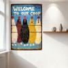 Vintage Welcome To Our Coop Metal Tin Sign, Rustic Brown Framed Decor with 5 Colorful Chickens, Country-Style Farmhouse Wall Art